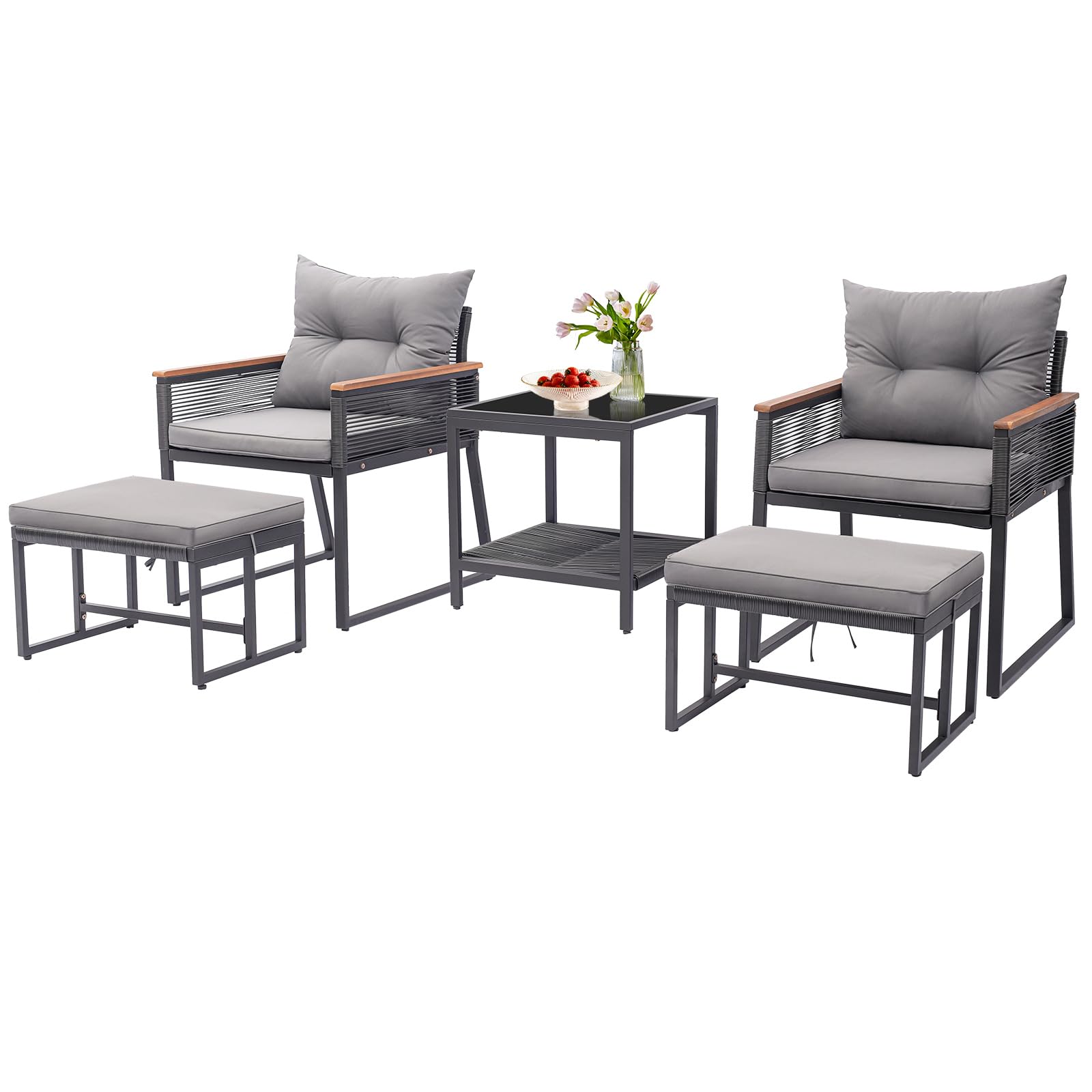 Tangkula Ensemble de conversation d'extérieur 5 pièces, fauteuils en rotin avec table d'appoint à 2 niveaux et 2 poufs